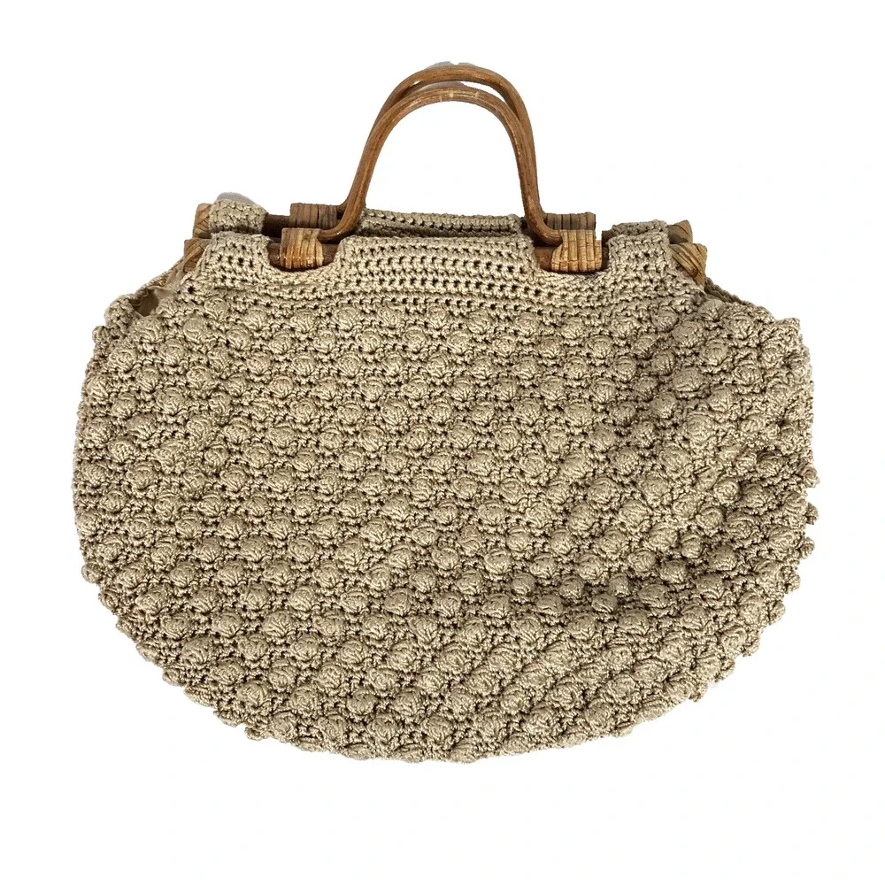 Vintage Crochet Wood Handle Handbag Tan Bauble Bubbles Lined Retro Neutral Beige